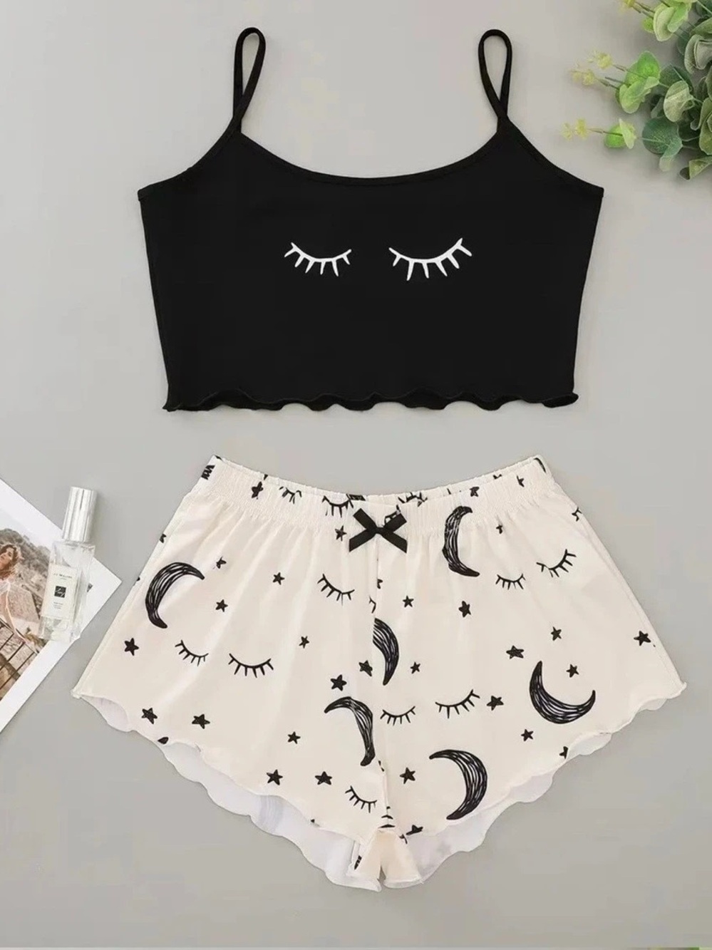 Eyelash & Moon Pajama Set in Black & Whit New.